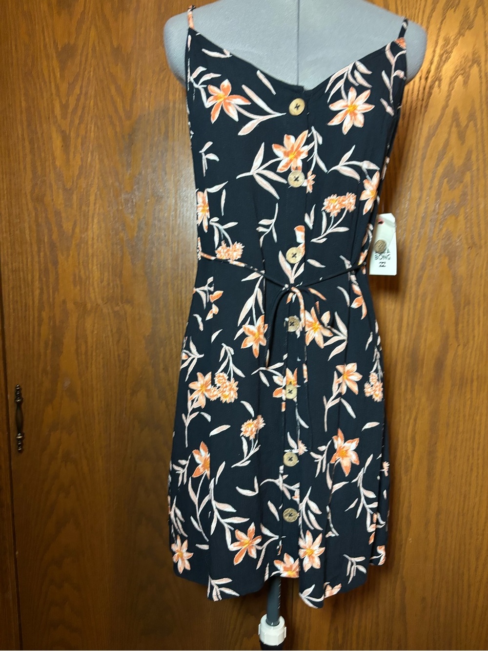 Billabong Black Mini Dress with Peach Floral Print - medium